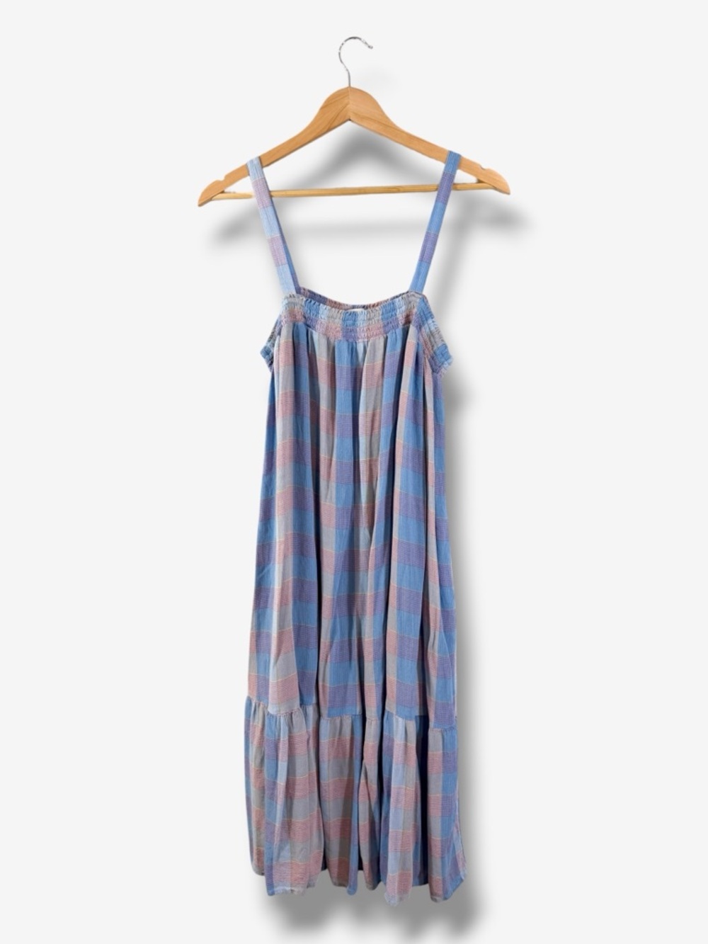 Loft Tiered Midi Dress Size L Blue Purple Plaid Smocked Sleeveless Casual Preppy - Picture 1 of 9